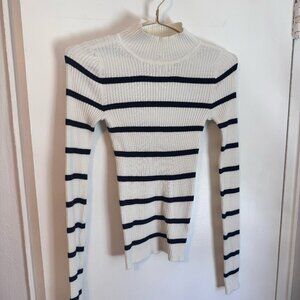 American Eagle Striped Ribbed Mock Neck Sweater | Navy & Ivory | Size S
